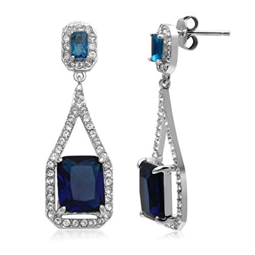 Jewelili Octagon Dangle Earrings Blue Sapphire Jewelry in Sterling Silver - View 1