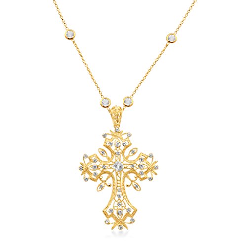 Jewelili 18K Yellow Gold Over Sterling Silver With White Topaz and Round Clear Crystal Cross Pendant Necklace