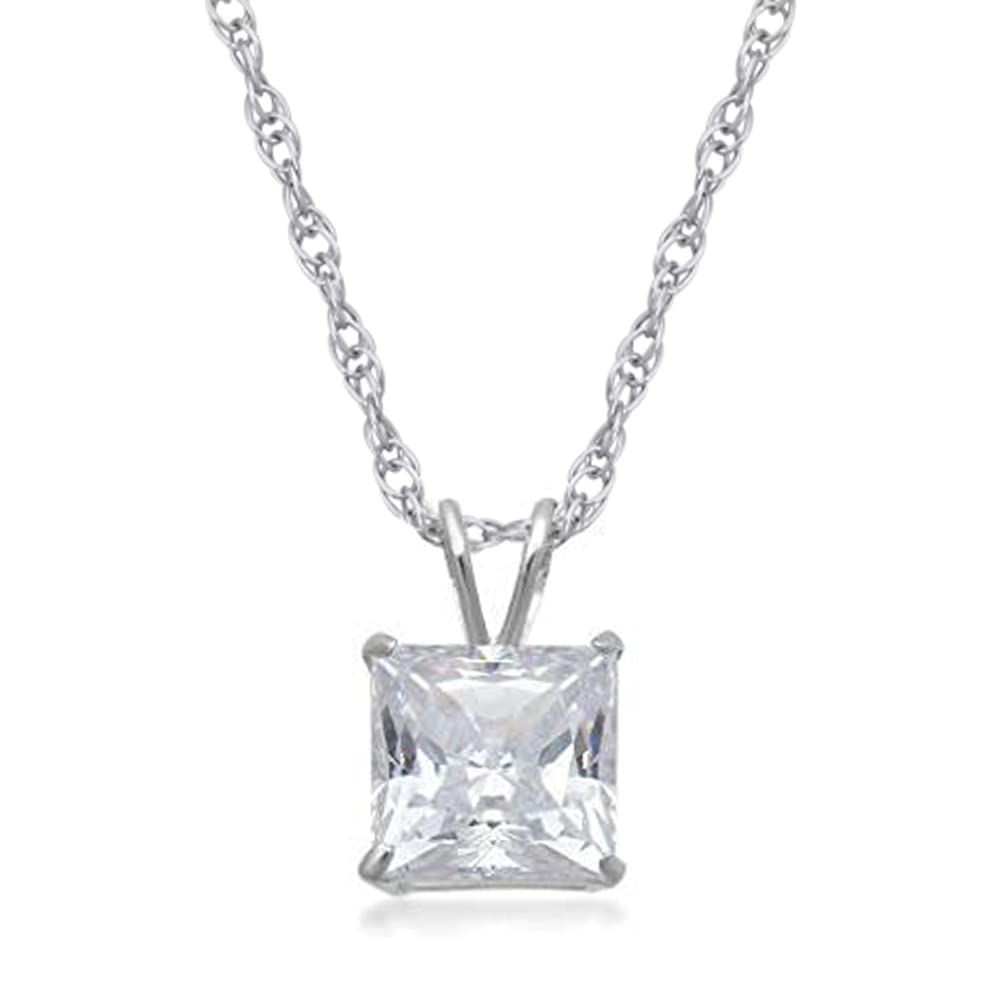 Jewelili Square Cubic Zirconia Solitaire Pendant Necklace in 10K