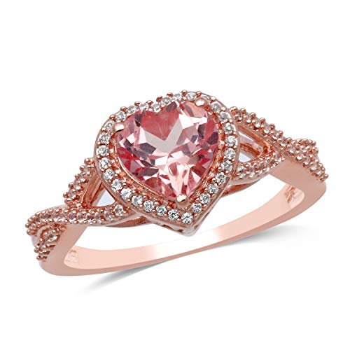 Jewelili Heart Ring with Created Morganite and Created White Sapphire in Rose Gold over Sterling Silver View 1