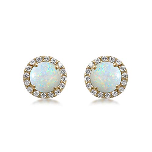 Jewelili 10K Yellow Gold With Round Created Opal and Created White Sapphire Stud Earrings