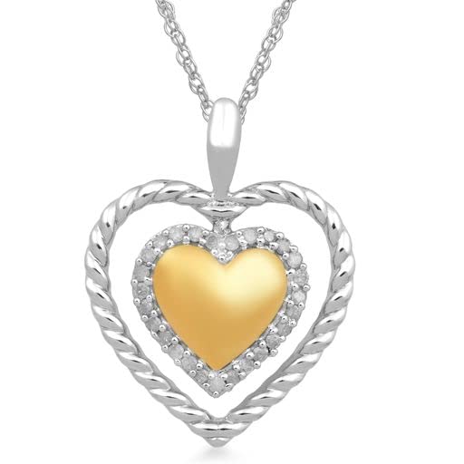 Jewelili 14K Yellow Gold Over Sterling Silver With 1/10 CTTW Natural White Diamond Heart Shape Pendant Necklace