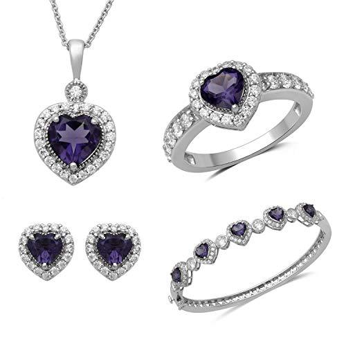 Jewelili 4-Piece Boxed Set with Plated Brass Amethyst and Round Cubic Zirconia in Sterling Silver