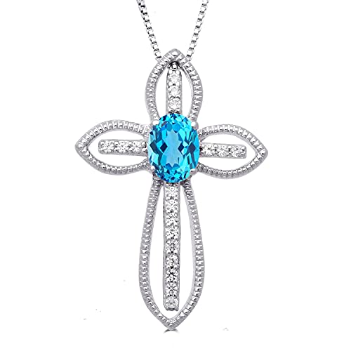 Jewelili Cross Pendant Necklace Blue Topaz Sapphire Jewelry in Sterling Silver - View 1