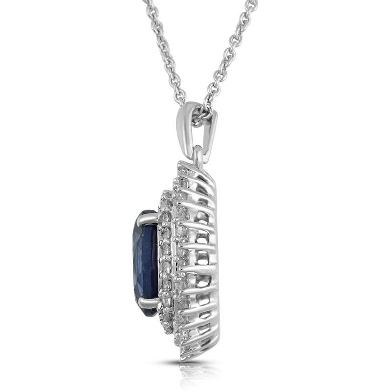Jewelili Oval Shape Pendant Necklace with Created Ceylon Sapphire and Created White Sapphire in Sterling Silver View 2