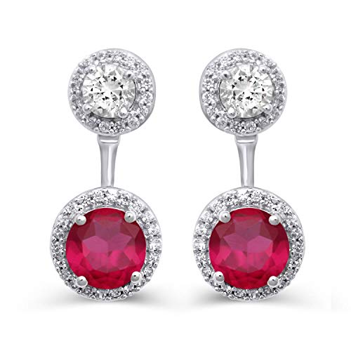 Jewelili Sterling Silver With Round Created Ruby and Created White Sapphire Drop Earrings