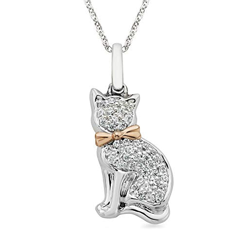 Jewelili Sterling Silver and 10K Rose Gold With 1/10 CTTW Diamonds Cat Pendant Necklace