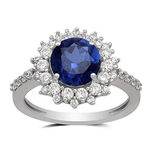 Jewelili Halo Ring with Round Created Blue Sapphire and Created White Sapphire in Sterling Silver View 1
