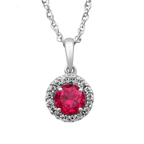 Jewelili Sterling Silver with Round Created Ruby and Cubic Zirconia Pendant Necklace
