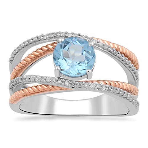 Jewelili Ring with London Blue Topaz and Natural White Round Diamonds in Rose Gold over Sterling Silver 1/5 CTTW View 1