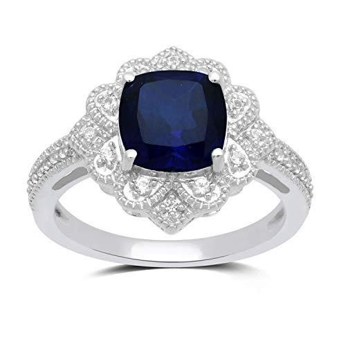 Jewelili Ring with White Diamonds and Cushion Shape Created Blue Sapphire in Sterling Silver 1/6 CTTW View 1