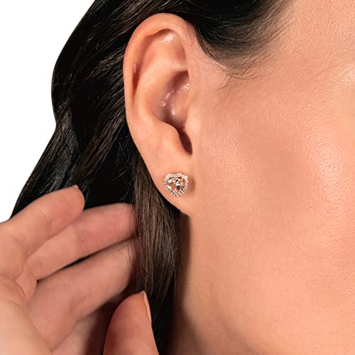 Jewelili Heart Stud Earrings with Heart Cut Morganite and Natural White Round Diamond in 10K Rose Gold 1/6 CTTW View 2