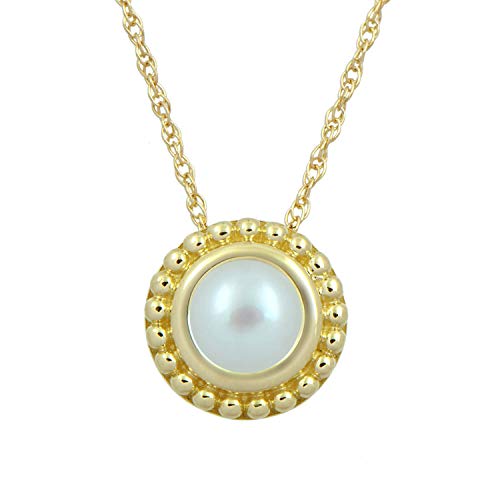 Jewelili 10K Yellow Gold 5 MM Round Button Half Drill Pearl Pendant Necklace, 18