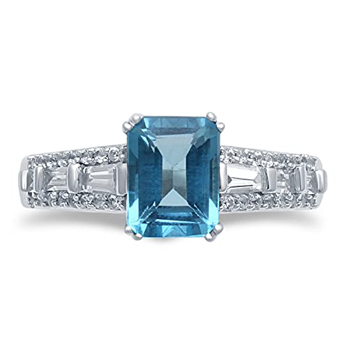 Jewelili Ring with Octagon Swiss Blue Topaz with Baguette and Round Created White Sapphire in 10K White Gold View 1