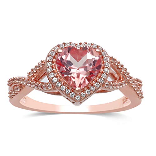 Jewelili Heart Ring with Created Morganite and Created White Sapphire in Rose Gold over Sterling Silver View 2