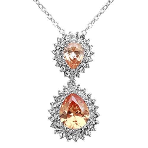 Jewelili Brass With Pear Champagne and Cubic Zirconia Crystal Teardrop Pendant Necklace