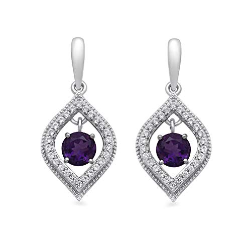 Jewelili Teardrop Drop Earrings with Round Amethyst and Created White Sapphire in Sterling Silver View 2