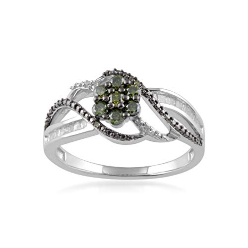 Jewelili Sterling Silver With 3/8 CTTW Treated Green Diamonds and Natural White Diamonds Swirl Ring