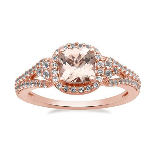 Jewelili Ring with Cushion Shape Morganite and Round White Topaz in 10K Rose Gold View 1
