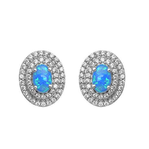 Jewelili Sterling Silver With Oval Created Blue Opal and Cubic Zirconia Halo Earrings
