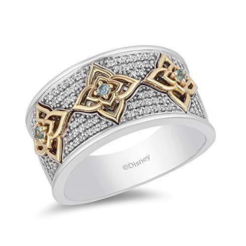 Jewelili Enchanted Disney Fine Jewelry Sterling Silver and 10K Yellow Gold  With 1/5 Cttw Diamond with Swiss Blue Sapphire Aladdin Live Action Ring