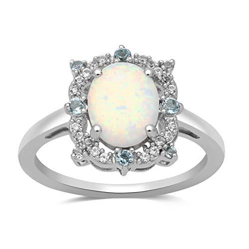 Jewelili Halo Ring with Created Opal with Swiss Blue Topaz and Created White Sapphire in Sterling Silver View 1