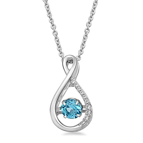 Jewelili Sterling Silver With Swiss Blue Topaz and Round Created White Sapphire Pendant Necklace, 18