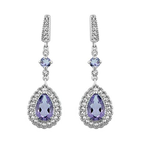 Jewelili Teardrop Drop Earrings with Pear and Round Amethyst and Created Round White Sapphire in Sterling Silver View 1
