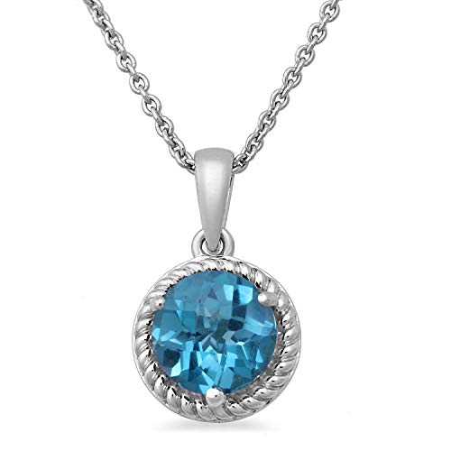 Jewelili Sterling Silver with 7mm Round Swiss Blue Topaz Solitaire Pendant Necklaces, 18