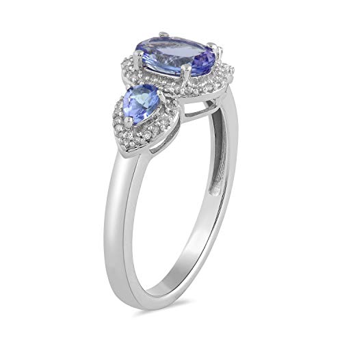 Jewelili Ring with Round Natural White Diamonds and Oval and Pear Tanzanite in 10K White Gold 1/10 CTTW View 2