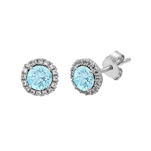 Jewelili Sterling Silver 5mm Round Aquamarine and Created White Sapphire Halo Stud Earrings
