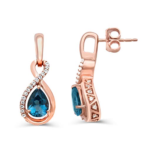 Jewelili Teardrop Drop Earrings with Pear Natural London Blue Topaz and Round Natural White Topaz in 10K Rose Gold View 1