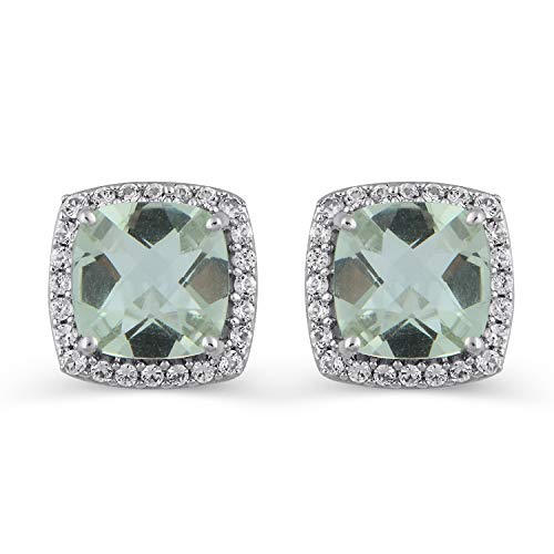 Jewelili Sterling Silver With Checkerboard Cushion Green Quartz and Round Created White Sapphire Stud Earrings