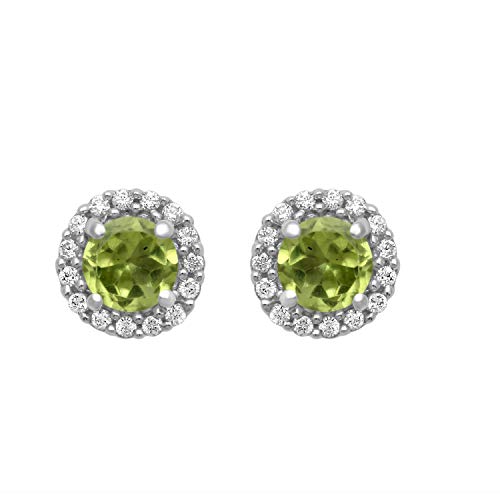 Jewelili Sterling Silver With Round Peridot and Cubic Zirconia Earrings
