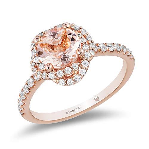 Jewelili Ring with Round Morganite and Natural White Diamonds in 10K Rose Gold 3/8 CTTW View 1