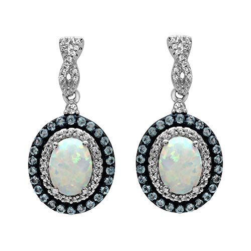 Jewelili Sterling Silver With Oval Created Opal and Blue Topaz and Created White Sapphire Dangle Earrings