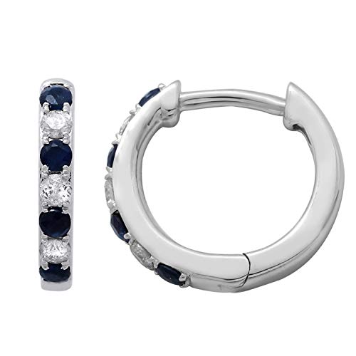 Jewelili 14K White Gold with Round Blue Sapphire and 1/5 CTTW Natural White Round Diamonds Hoop Earrings
