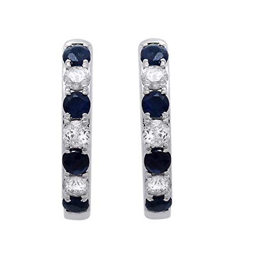Jewelili 14K White Gold with Round Blue Sapphire and 1/5 CTTW Natural White Round Diamonds Hoop Earrings