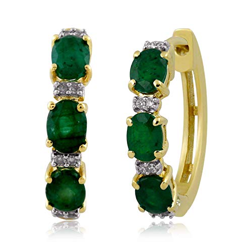 Jewelili 10K Yellow Gold with Emerald and White Diamonds Hoop Earrings