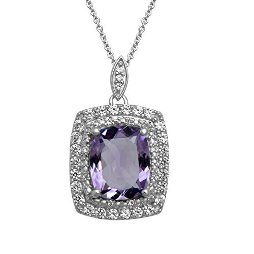 Jewelili Sterling Silver With Cushion Shape Amethyst and Round Created White Sapphire Double Halo Pendant Necklace, 18