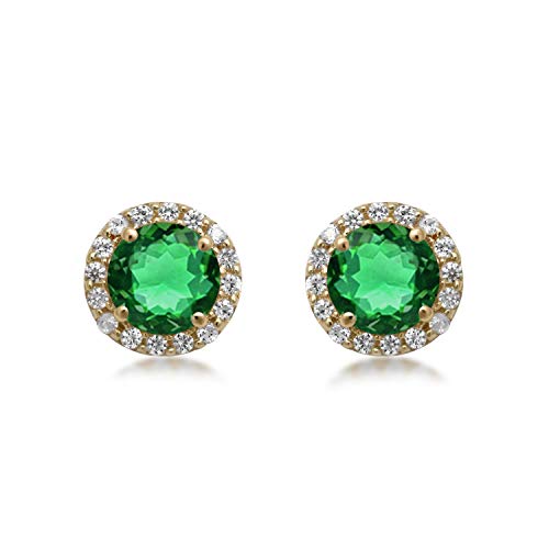 Jewelili 10K Yellow Gold Round Created Emerald and Created White Sapphire Stud Earrings