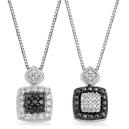 Jewelili Sterling Silver With 1/4 CTTW Treated Black Diamonds and White Round Diamonds Pendant Necklace