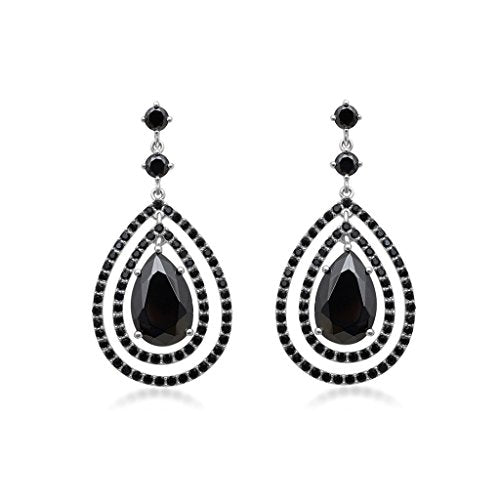 Jewelili Teardrop Drop Earrings with Black Cubic Zirconia and Black Crystal in Sterling Silver View 2