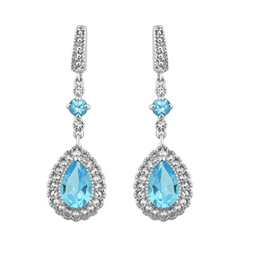 Jewelili Teardrop Drop Earrings with Pear and Round Blue Topaz, Created Round White Sapphire in Sterling Silver View 1