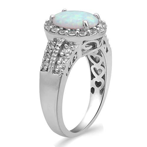 Jewelili Halo Ring with Oval Shape Created Opal and Round Created White Sapphire and Natural White Round Diamonds in Sterling Silver View 2