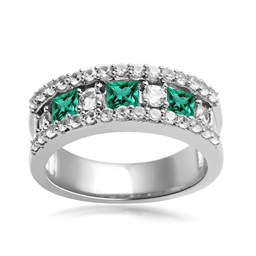 Jewelili Band Ring with Created Emerald and Created White Sapphire in Sterling Silver View 1