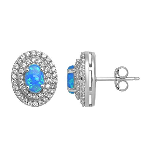 Jewelili Sterling Silver With Oval Created Blue Opal and Cubic Zirconia Halo Earrings