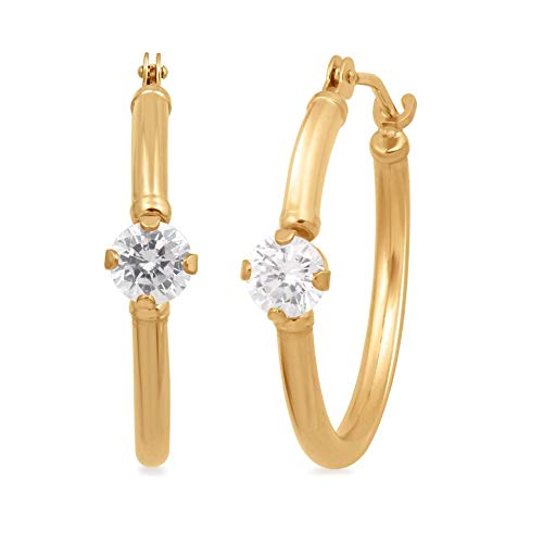 Jewelili 10K Yellow Gold Round Cubic Zirconia Hoop Earrings