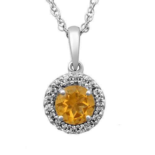 Jewelili Sterling Silver With Round Citrine and Cubic Zirconia Pendant Necklace