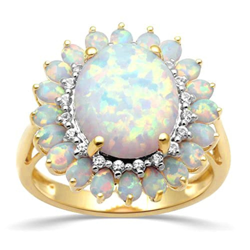 Jewelili Blooming Ring in 18K Yellow Gold Over Sterling Silver Oval and Pear Shape Created Opal with Round Created White Sapphire